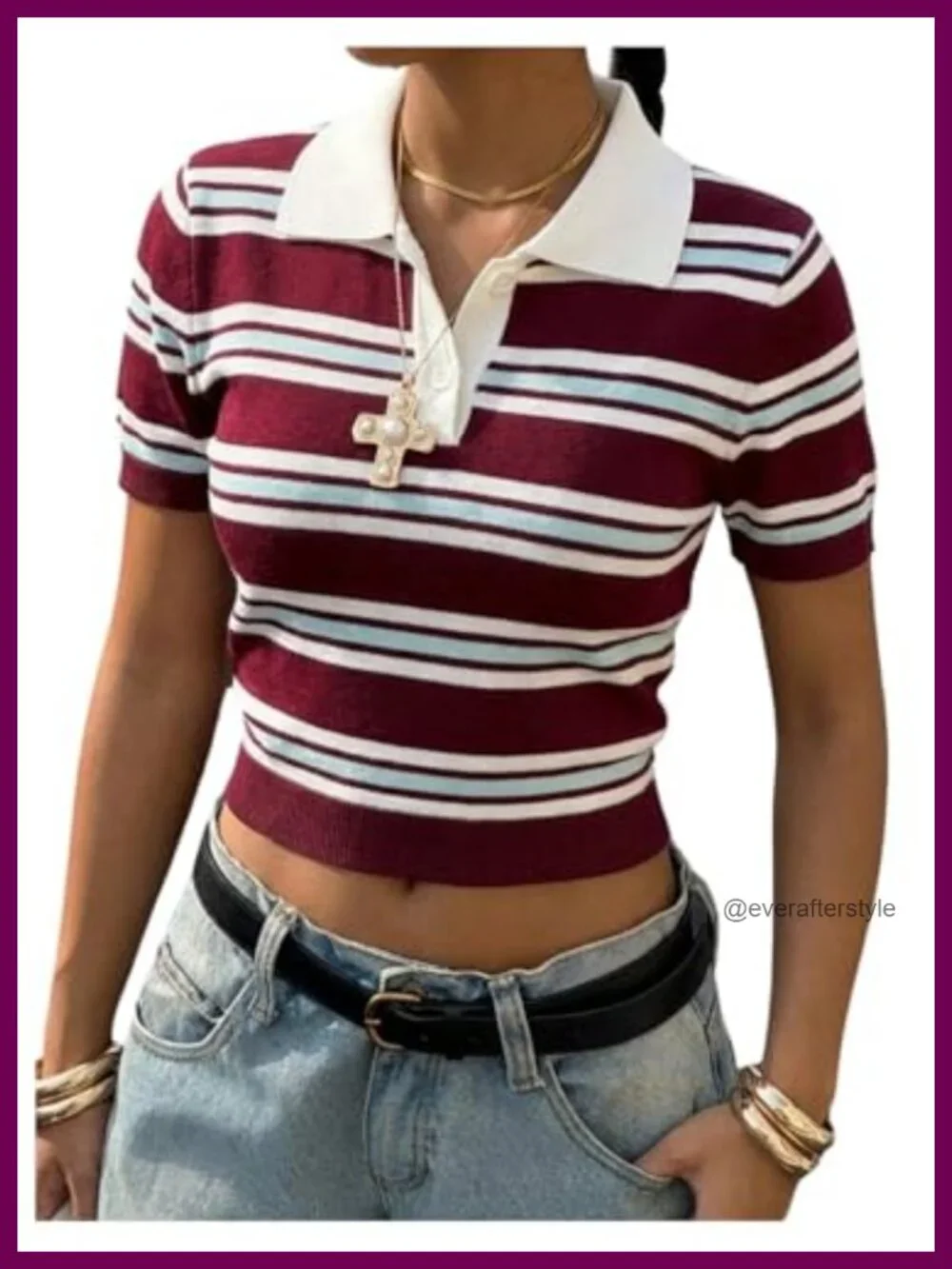 Women's Striped Knit Crop Sweater Collared Pullover Casual Summer